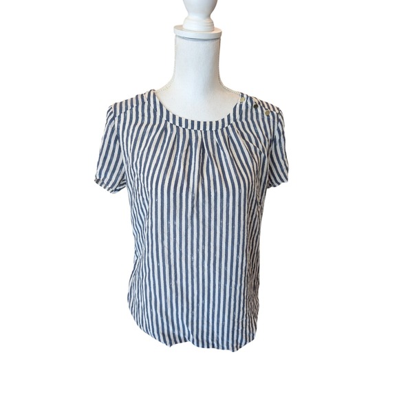 Banana Republic Tops - Banana Republic 100% Silk Blouse Striped  Navy White Gold Button Shoulder 10P